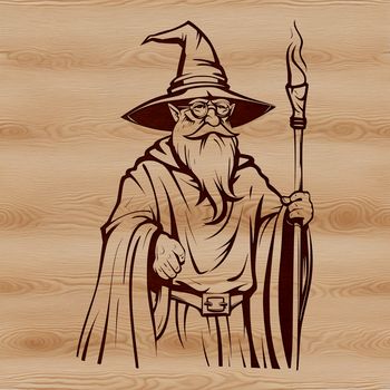 Illustrated fantasy character, a wizard, in an open setting.