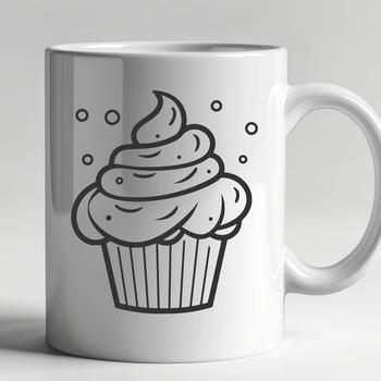 A digital illustration of a single cupcake with decorations on top.