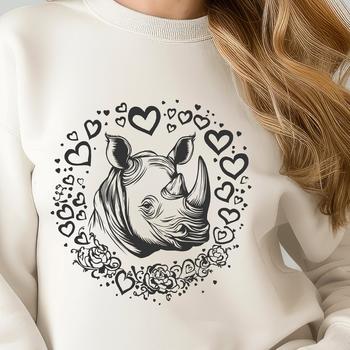 A digital illustration of a rhino with heart decorations on its body.