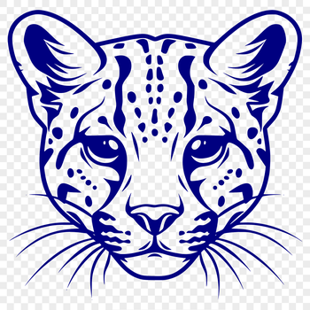 Close-up illustration of an ocelot's head, featuring distinctive markings and fur texture.