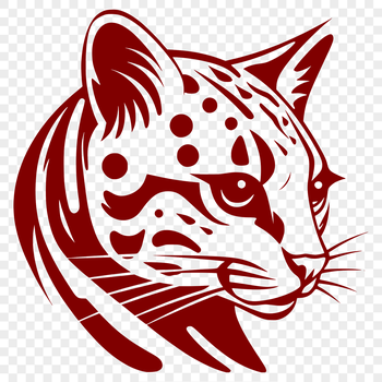 A detailed illustration of a wild ocelot's head, featuring distinctive markings and fur patterns.