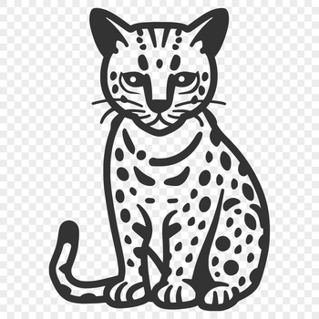 A sitting big cat with distinctive markings and fur patterns.
