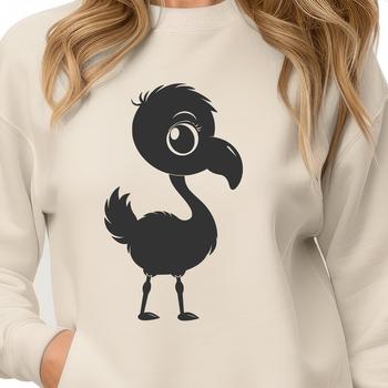 A vibrant, full-body illustration of a flamingo standing in a natural environment.