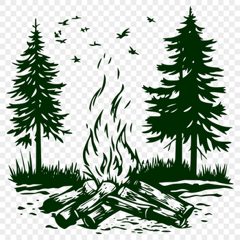 A vibrant illustration of a camp fire surrounded by flames and sparks in the great outdoors.