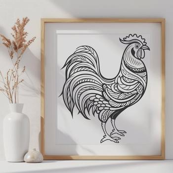 A colorful illustration of a chicken in full body pose.