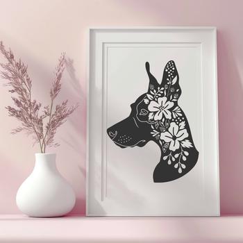 Vector illustration of a Doberman Pinscher's head with ornate floral details.