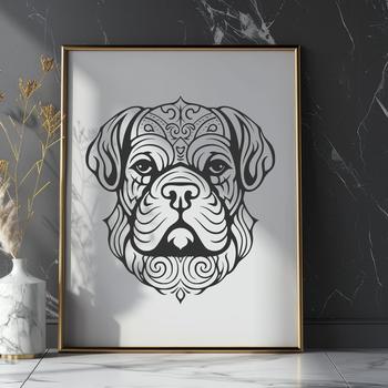 A detailed illustration of a Bulldog's head with intricate lines and textures.