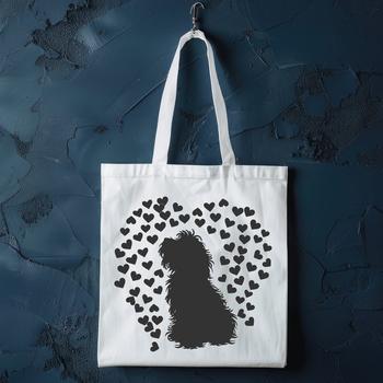 A full-body illustration of a sitting Havanese dog with love hearts incorporated into its design.