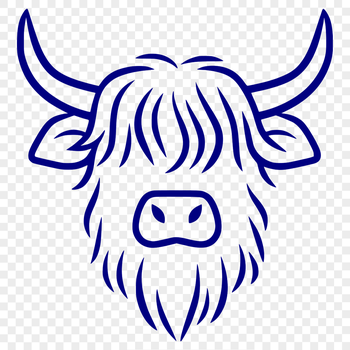 Illustrated Highland cow head with distinctive horns and shaggy coat.