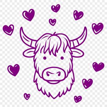 A detailed illustration of a Highland cow with hearts on its head, suitable for use in vector design projects.