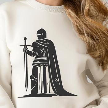 A detailed illustration of a medieval knight in full body armor, suitable for vector design and cutting machine use.