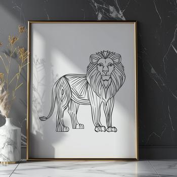 A detailed illustration of a lion standing upright in profile, featuring intricate design elements.