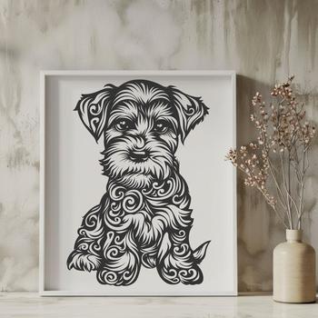 A small breed dog with a distinctive beard and mustache, sitting on its hind legs.