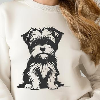 An SVG vector art design featuring a close-up Morkie animal portrait in a relaxed sitting position.