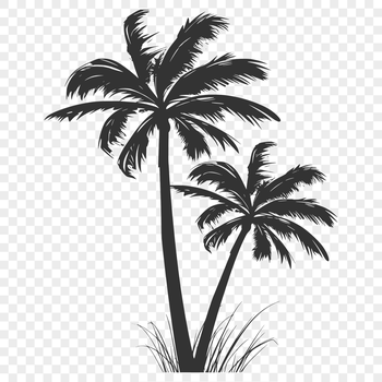 A stylized illustration of a single palm tree in a tropical landscape.