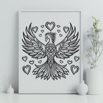 A mythical bird in full body form with love hearts incorporated into its design, suitable for vector art and commercial use.