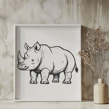 A rhino standing in a savannah landscape, rendered as a vector graphic.