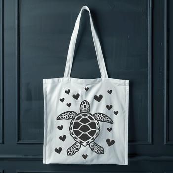 A detailed illustration of a sea turtle with hearts surrounding its body.
