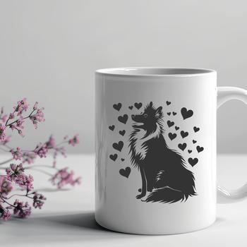 A full-body illustration of a sitting Shetland sheepdog with hearts incorporated into its design.