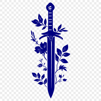 A stylized illustration of a medieval-style sword with floral patterns on the hilt.