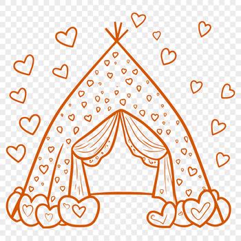 A stylized illustration of a tent with love hearts incorporated into the design, suitable for outdoor enthusiasts.