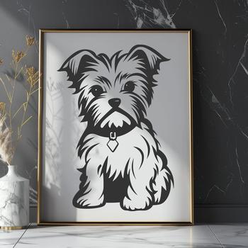 A vector graphic design featuring a cute Yorkshire Terrier animal in a seated position.