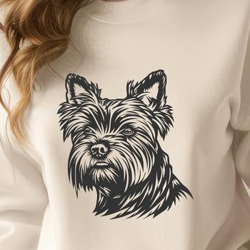 A portrait illustration of a small Yorkshire Terrier dog's head.