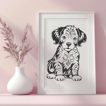 A full-body illustration of an Australian Shepherd sitting in a serene environment.