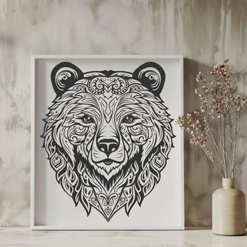 An ornate vector design featuring the face of a bear with decorative elements.