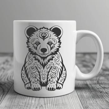 A stylized bear in a sitting position with intricate details, suitable for vector art designs.