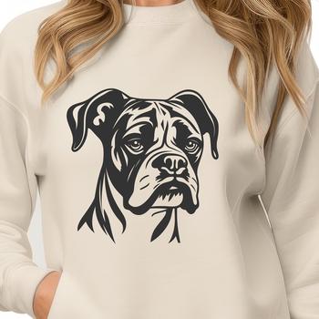 A simple illustration of a Boxer dog's head with detailed facial features.