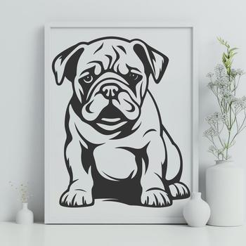 A detailed illustration of a full-bodied bulldog sitting in a relaxed position.