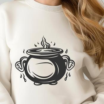 A stylized illustration of a witch's cauldron with a bubbling potion, symbolizing magic and spellcasting on Halloween.