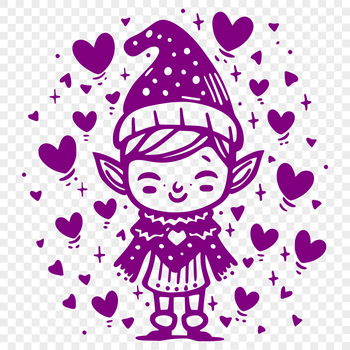 A full-body illustration of a Christmas elf standing with love hearts surrounding them.
