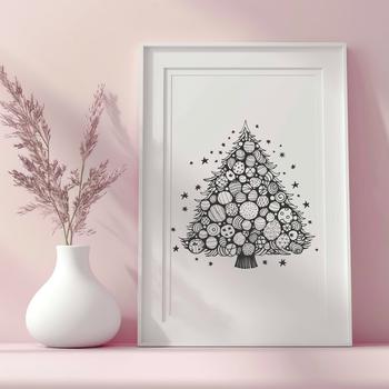 A festive green evergreen tree with ornaments and lights, ideal for digital designs and crafts.