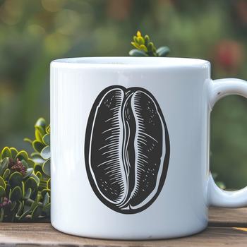 A detailed illustration of a single coffee bean in a stylized format.