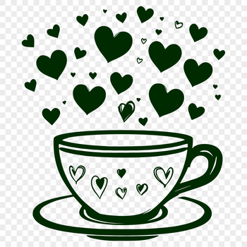 A stylized illustration of a coffee cup filled with love hearts.