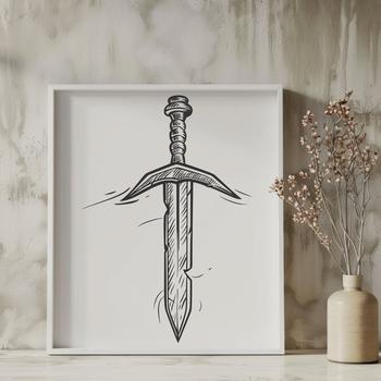A stylized illustration of a witch surrounded by mystical symbols, holding a dagger and set against a dark background.