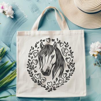A vector horse illustration with love hearts and decorative elements.