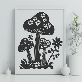 A colorful illustration of a mushroom in various floral patterns.