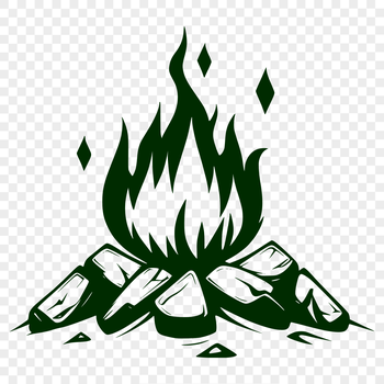 A burning campfire surrounded by trees in a natural outdoor setting.