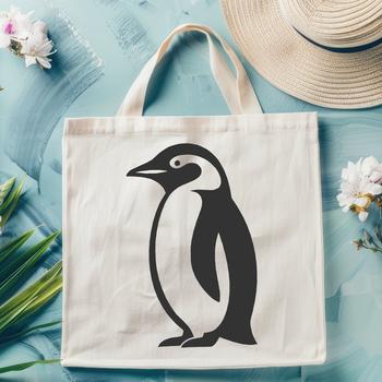 A full-body illustration of a black and white penguin standing on the water's edge.