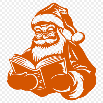 An illustration of Father Christmas sitting in a chair reading a book, suitable for holiday-themed designs.