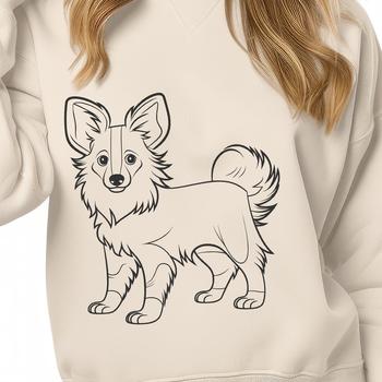 A close-up illustration of a small dog standing on its hind legs, identified as a Shetland sheepdog.