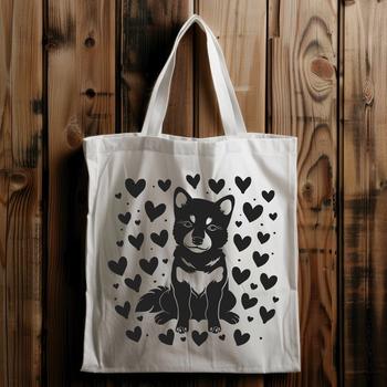 A full-body illustration of a Shiba Inu dog sitting on its hind legs, surrounded by heart shapes.