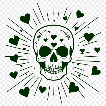 A stylized skull design featuring love hearts, suitable as a vector tattoo template or clip art.