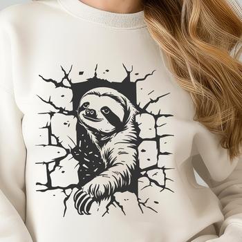 A digital illustration of a sloth moving through a break in the wall.