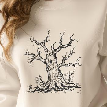 A spooky tree with a witch's hat perched on its branch, set against a dark autumnal background.