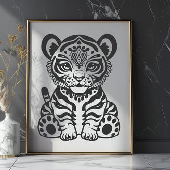 A full-body illustration of a tiger sitting in a static pose.