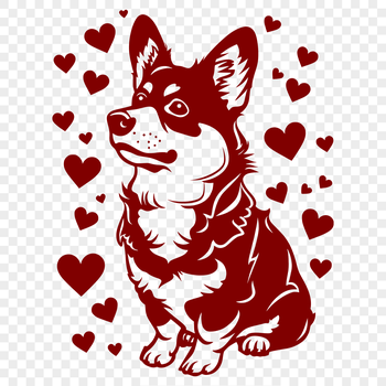 A full-body illustration of a sitting Welsh Corgi dog with heart symbols surrounding its body.